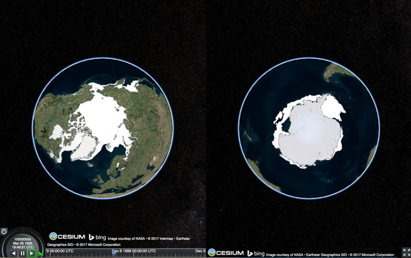 data visualization of sea ice extend change on 3D globes with interactive time line