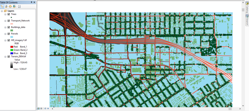 Data download of roads, trees, buildings (2D & 3D Vectors), parcels etc. from the USGS national government website and open street maps resources.