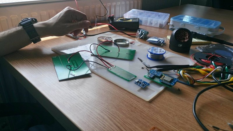 Beginning of our decision works. Creation of the small hardware prototype. Microcontroller monitors the condition of solar panels with sensors of pressure, humidity, temperature and solar radiation