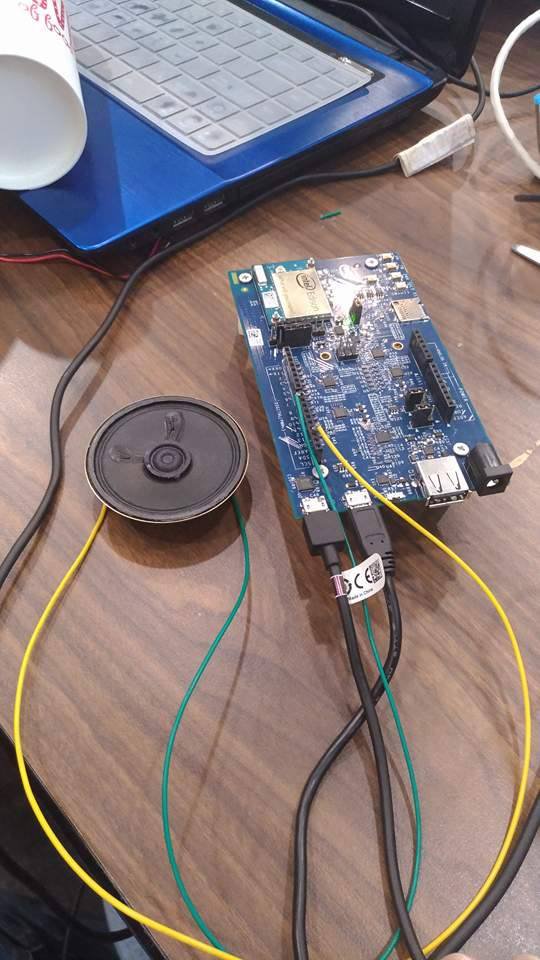 we use intel edison and additional Arduino board to compute and output voice using 2V speaker