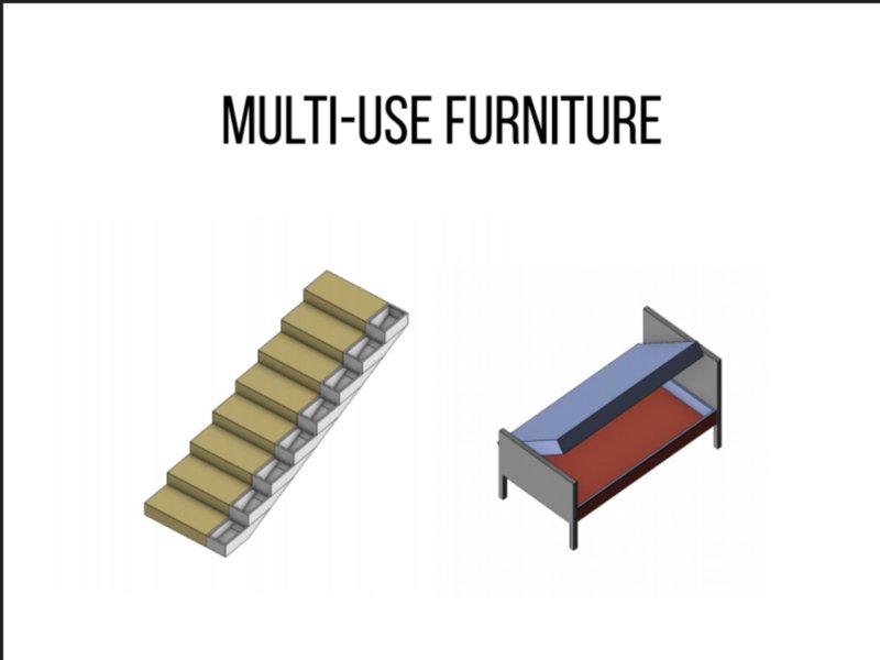 Funiture can be used for multiple uses. For example, the bed and staris can be used as storage cabinets as well.