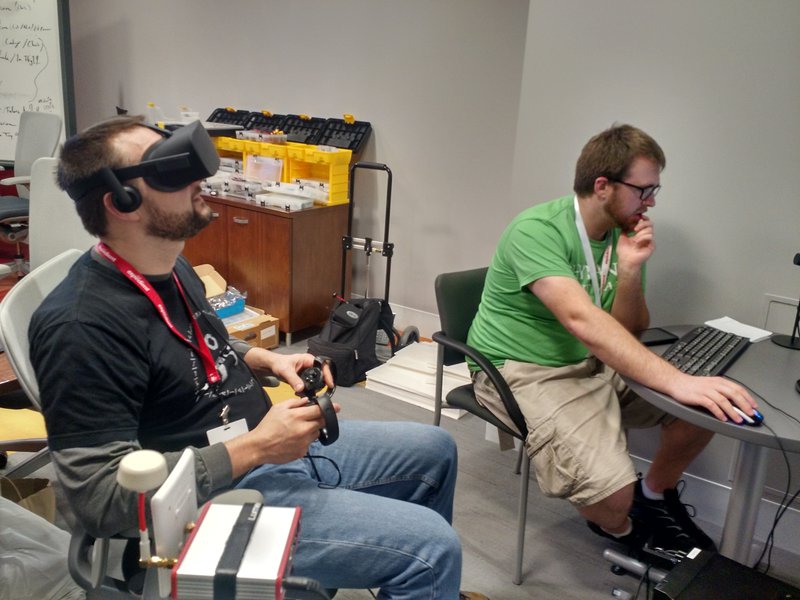 Our development and construction team, featuring Cal and Nic, is testing out their creation on the Oculus