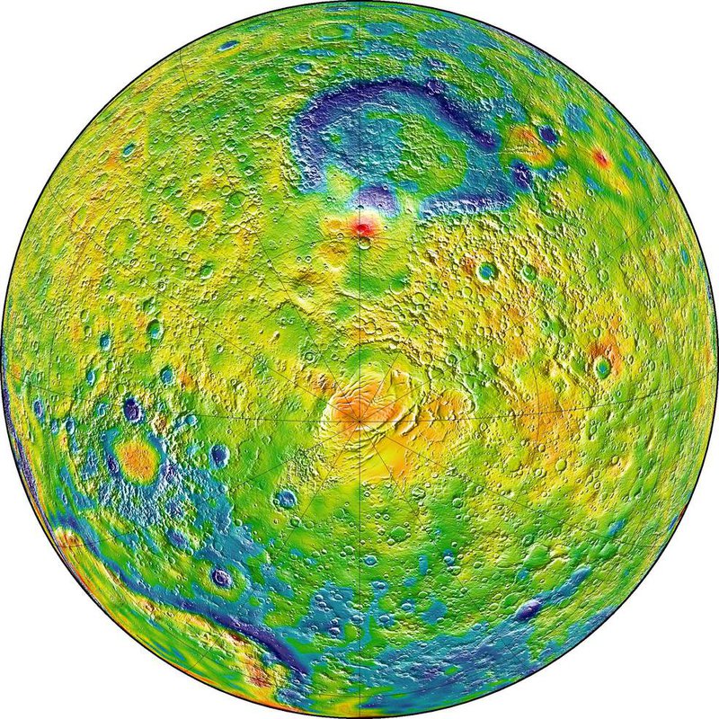 A map of Martian gravity looking down at the South Pole (center). White and red are areas of higher gravity; blue indicates areas of lower gravity.